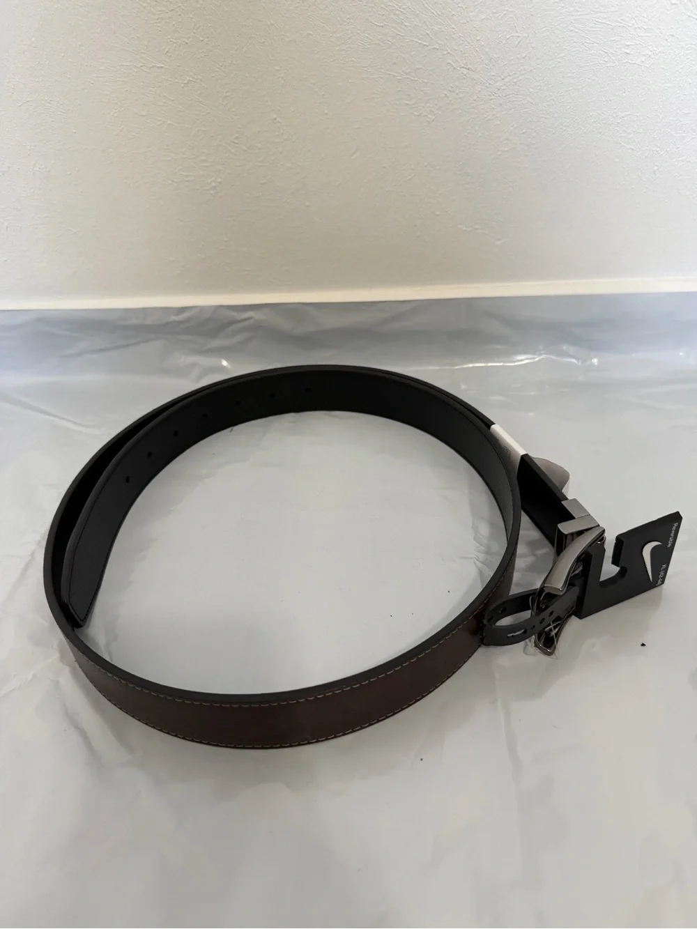 Nike Men's Reversible Black and Brown Leather Belt with Silver Buckle